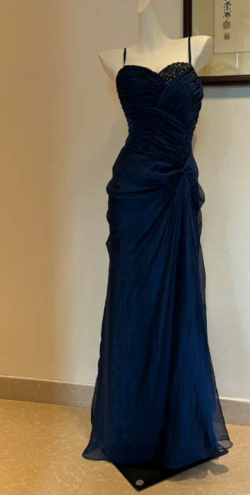 Niulatu Sweetheart Sheath Chiffon Long Prom Dresses, Navy Blue Formal Evening Dresses HZ1026